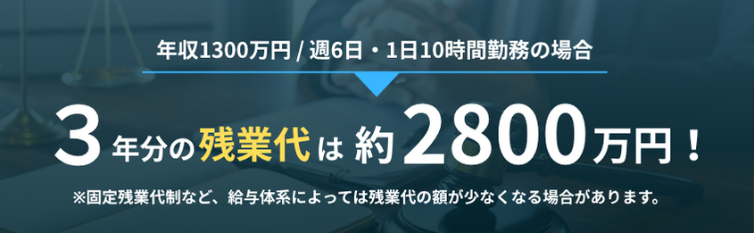医師の年収1300万円、週6日・1日10時間勤務の場合、3年分の残業代は約2800万円になる可能性があるという案内。