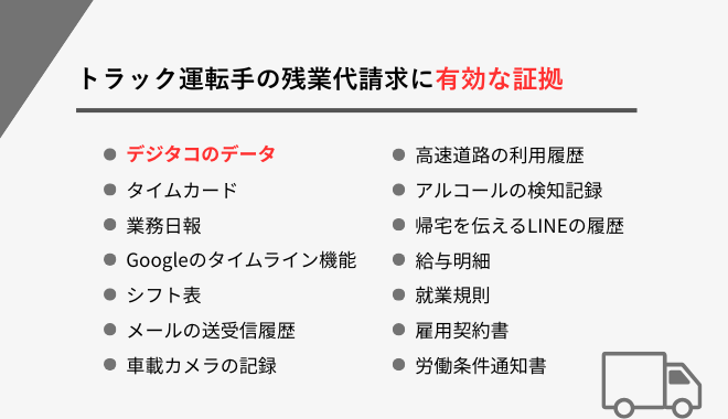 トラック運転手が残業代請求を行う際に有効な証拠一覧。デジタコ、タイムカード、業務日報、給与明細などの具体例が記載されている。